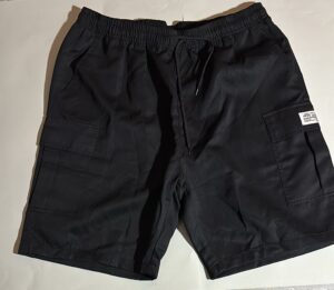 Black HKSE Pantalones Cortos with drawstring waist and cargo pockets, laid flat.
