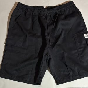 Black HKSE Pantalones Cortos with drawstring waist and cargo pockets, laid flat.