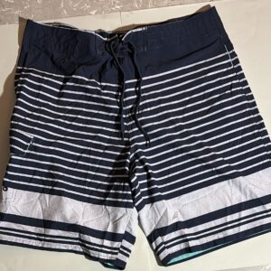 Striped swim trunks with a drawstring.