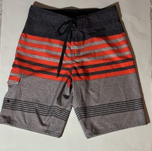 HANG TEN board shorts: gray and orange striped swim trunks with drawstring.